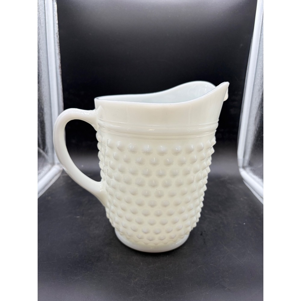 Vintage Fenton Hobnail Milk Glass Pitcher White Opalescent Mid Century Decor